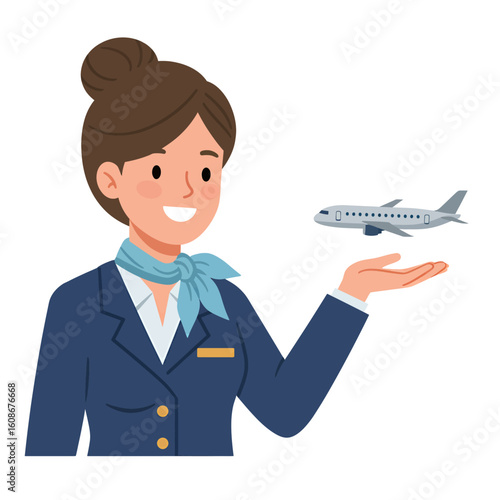 Friendly flight attendant presenting a miniature airplane for travel inspiration and aviation excitement