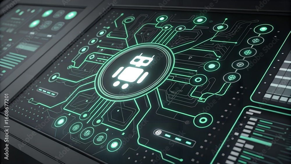Fototapeta premium Sleek AI control panel with a glowing robot icon on a futuristic digital interface