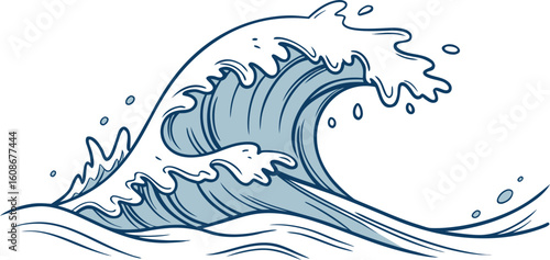 Blue wave cresting with white foam and water droplets in a stylized graphic ocean splash