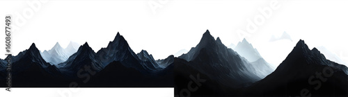 A silhouette of rugged mountain peaks, showcasing sharp ridges and dramatic contours in a dark setting. isolated on a transparent background