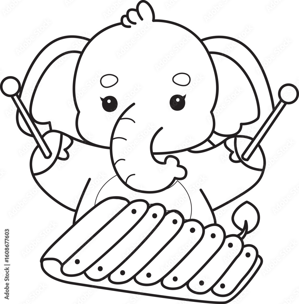 Fototapeta premium Cute Elephant icon. Funny baby Elephant animal series stock illustration. Life of fluffy Elephant designs. Coloring pages of Funny baby Elephant.