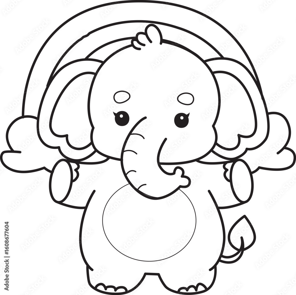 Fototapeta premium Cute Elephant icon. Funny baby Elephant animal series stock illustration. Life of fluffy Elephant designs. Coloring pages of Funny baby Elephant.