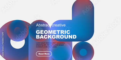 Abstract geometric background features vibrant blue, red hues. Text overlay includes geometric background, sample text, button. Clean design.