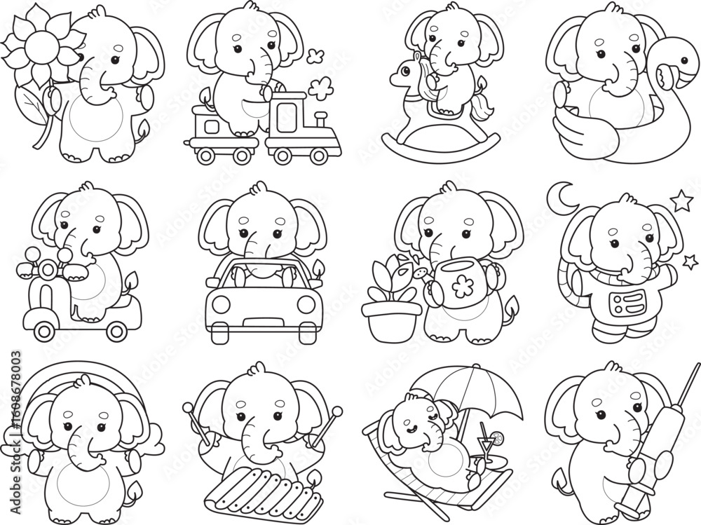 Fototapeta premium Cute Elephant icon. Funny baby Elephant animal series stock illustration. Life of fluffy Elephant designs. Coloring pages of Funny baby Elephant.