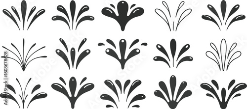 Collection of black and white water splash vector icons in line art and solid fill styles
