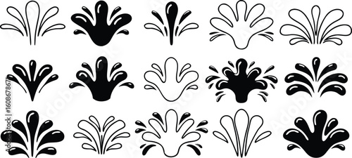 Collection of black and white water splash icons in line art and solid fill styles liquid splash
