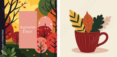 Charming diptych featuring a vibrant autumn landscape with abstract trees and a comforting red mug filled with fall leaves.