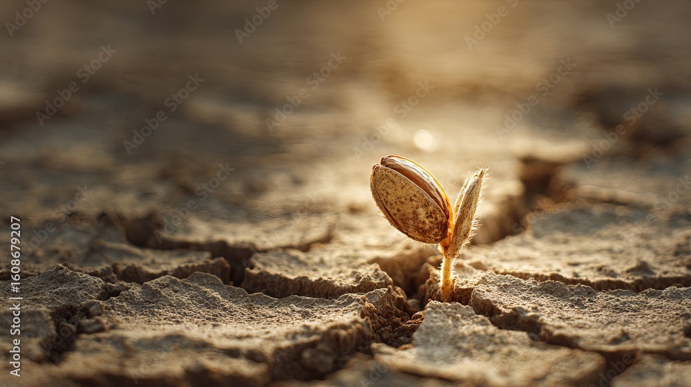 Obraz premium A resilient seedling emerges from dry, cracked earth, symbolizing hope and renewal in a harsh environment.