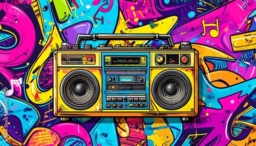 Retro boombox against a vibrant graffiti background