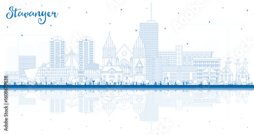 Outline Stavanger Norway city skyline with blue buildings and reflections. Stavanger cityscape with landmarks. Business travel and tourism concept with historic architecture.