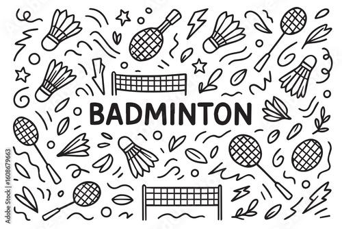 A black and white vector background featuring badminton doodles, outlined in bold black, including rackets, shuttlecocks, players, and court lines in a playful hand-drawn style.

