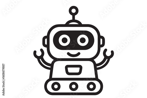A stylized robot vector drawn in black and white, with strong black outlines emphasizing its head, limbs, and body panels in a clean, tech inspired style.

