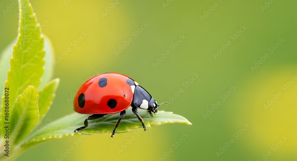 Naklejka premium A ladybug rests on a vibrant green leaf, its red shell speckled with black spots.