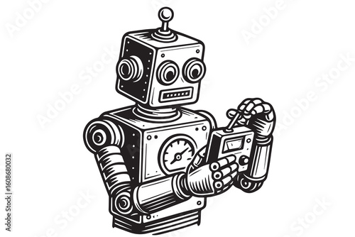 A black and white vector of a robot, designed with bold black outlines, featuring mechanical arms, square body, and a futuristic look in minimalist style.

