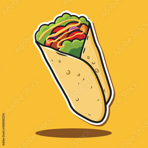 Vector illustration of kebab or shawarma wrapped with lettuce leaves, meat, onions, tomatoes and mayonnaise on top