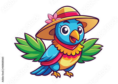 Tropical Parrot in Wide Brimmed Sunhat Sunny Vector Bird Adorned with Flowers & Ribbon Band 