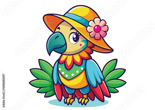 Tropical Parrot in Wide Brimmed Sunhat Sunny Vector Bird Adorned with Flowers & Ribbon Band 