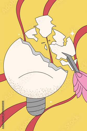 A lightbulb with a sad face is shattered while held by tweezers, symbolizing lost creativity or a broken idea.