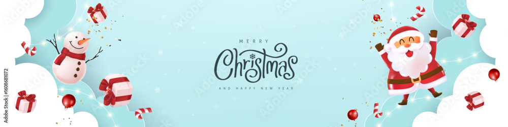 Fototapeta premium Christmas greeting card banner background template with Merry Christmas calligraphy and Cute Santa Claus snowman gift boxes and candy canes on blue cloud background