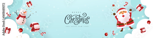 Christmas greeting card banner background template with Merry Christmas calligraphy and Cute Santa Claus snowman gift boxes and candy canes on blue cloud background