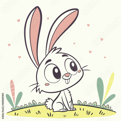 Cute Cartoon Bunny with Hearts Vector Illustration.