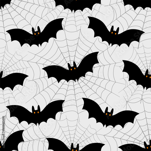 Seamless Halloween pattern with flying black bats and spiderwebs, ideal for spooky decorations.