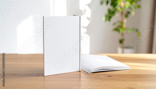 Two blank books rest on a wooden table, one upright, the other open