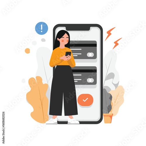 woman facing error message on self-service kiosk screen in flat vector