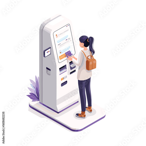 woman using self-service kiosk to make cashless payment