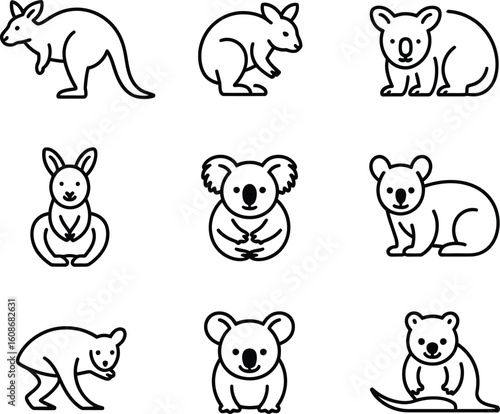 Collection of cute cartoon australian animals including kangaroos and koalas