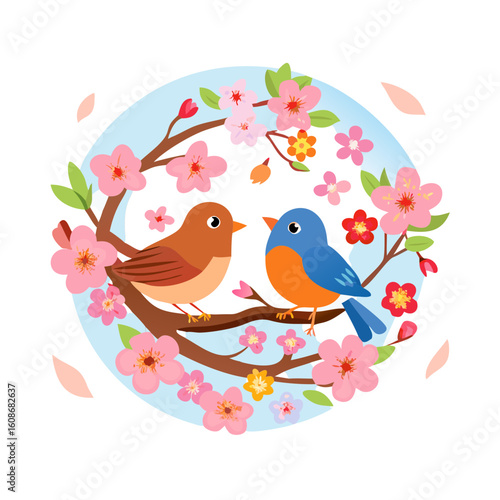 Colorful Illustration Of Two Robins Birds Sitting On A Branch
