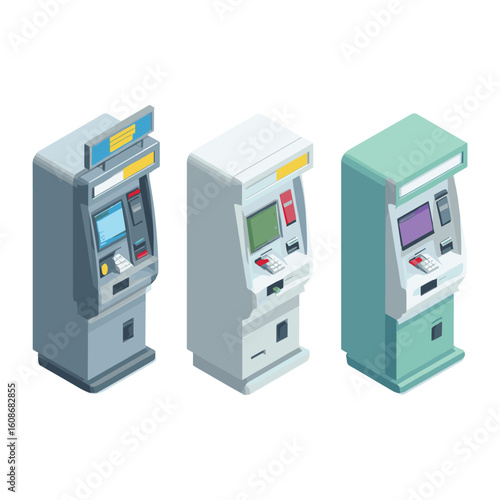 ATM machine isometric icon set with modern design