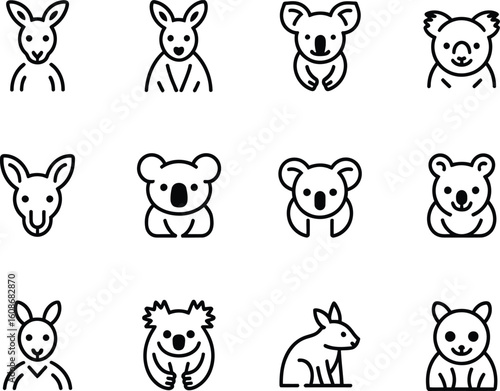 Collection of cute australian animal icons featuring kangaroos and koalas