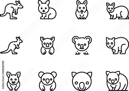 Collection of australian animal icons featuring kangaroos and koalas