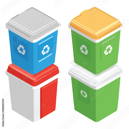 set of colorful recycling bins for waste sorting