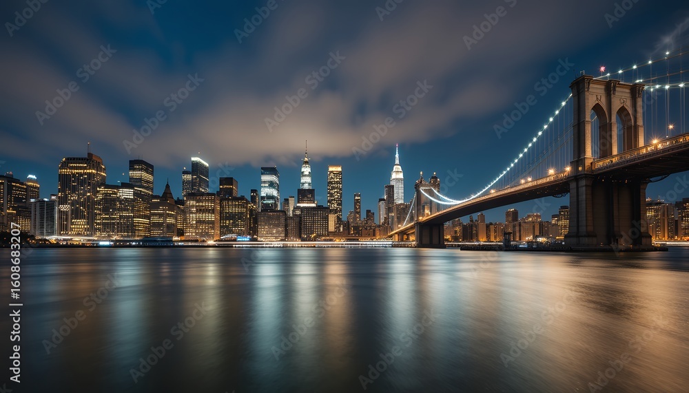 Fototapeta premium nighttime panoramic view of urban skyline with illuminated bridge reflecting on water surface