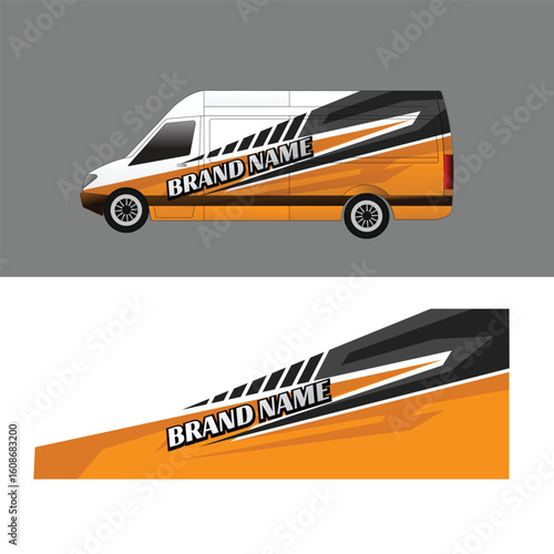 van livery design with sharp black, yellow, and white graphics. The dynamic layout enhances speed and motion, making it perfect for branding delivery services