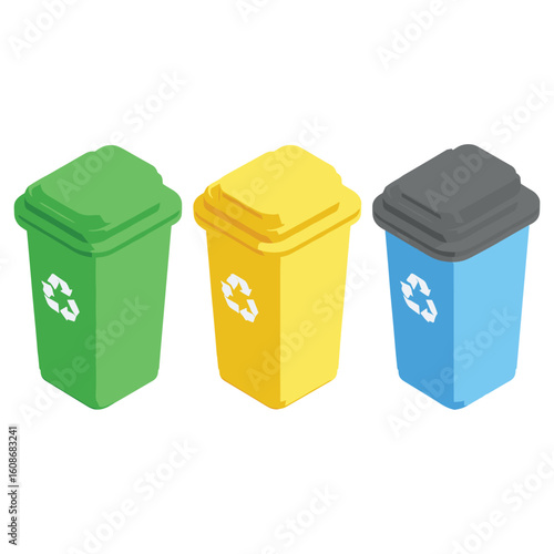recycling bin set in three colors for waste segregation