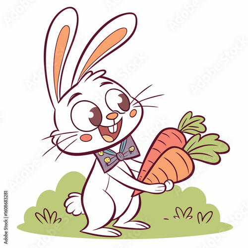 Cute cartoon rabbit holding a carrot in a happy spring illustration