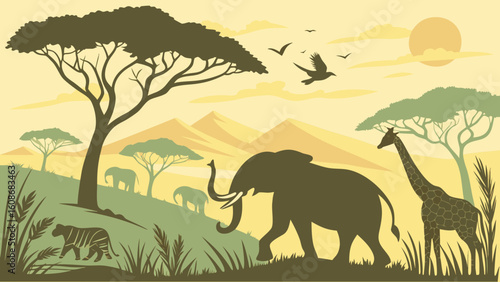 Wild animals in desert landscape with sunset sky and tree silhouettes