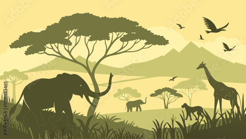 Wild animals in desert landscape with sunset sky and tree silhouettes