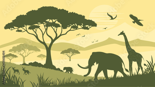 Wild animals in desert landscape with sunset sky and tree silhouettes