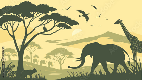 Wild animals in desert landscape with sunset sky and tree silhouettes