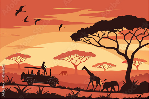 Wild animals in desert landscape with sunset sky and tree silhouettes