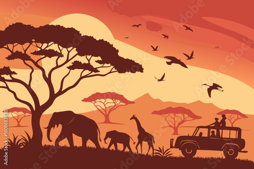 Wild animals in desert landscape with sunset sky and tree silhouettes