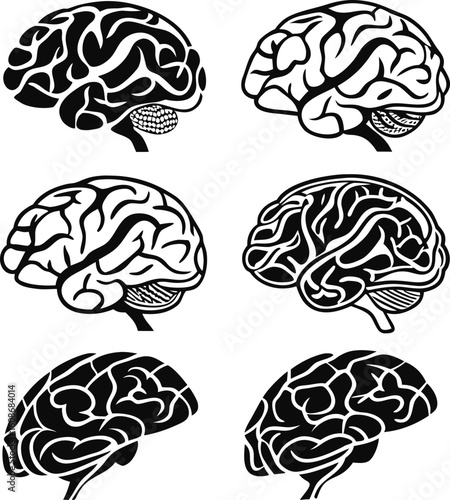 Six black and white stylized human brain illustrations arranged in a grid anatomy medical
