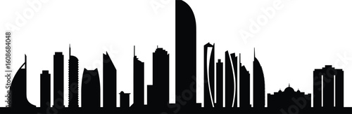 Modern city skyline silhouette, black and white cityscape vector, urban architecture illustration, Abu Dhabi skyline art, skyline background vector.
