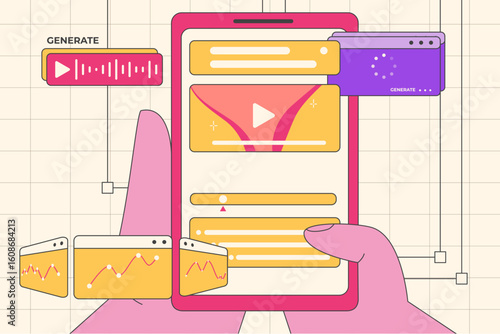 A stylized interface showing mobile AI generating video, audio, and analytics content.