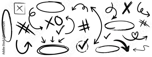 black pencil hand drawn various oval, chalked arrows, check  marks. Vector doodle marker drawing. Hand drawn charcoal symbols for diagrams. Freehand grunge red strikethrough and underline .