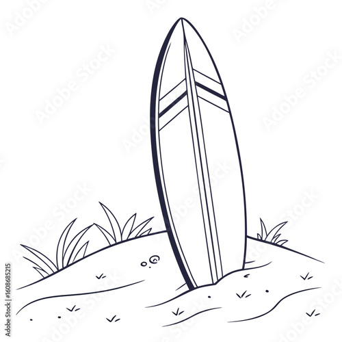 Stylized outline drawing of a surfboard standing upright in the sand with grass